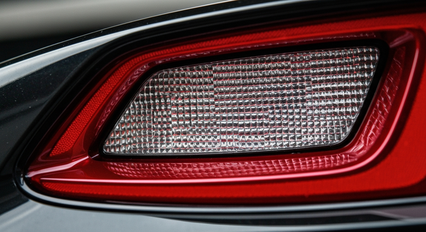 An extreme macro photograph of the textured surface of a Chevrolet Corvette C8 taillight lens, capturing the intricate details and vibrant colors in a dramatic, artistic style.