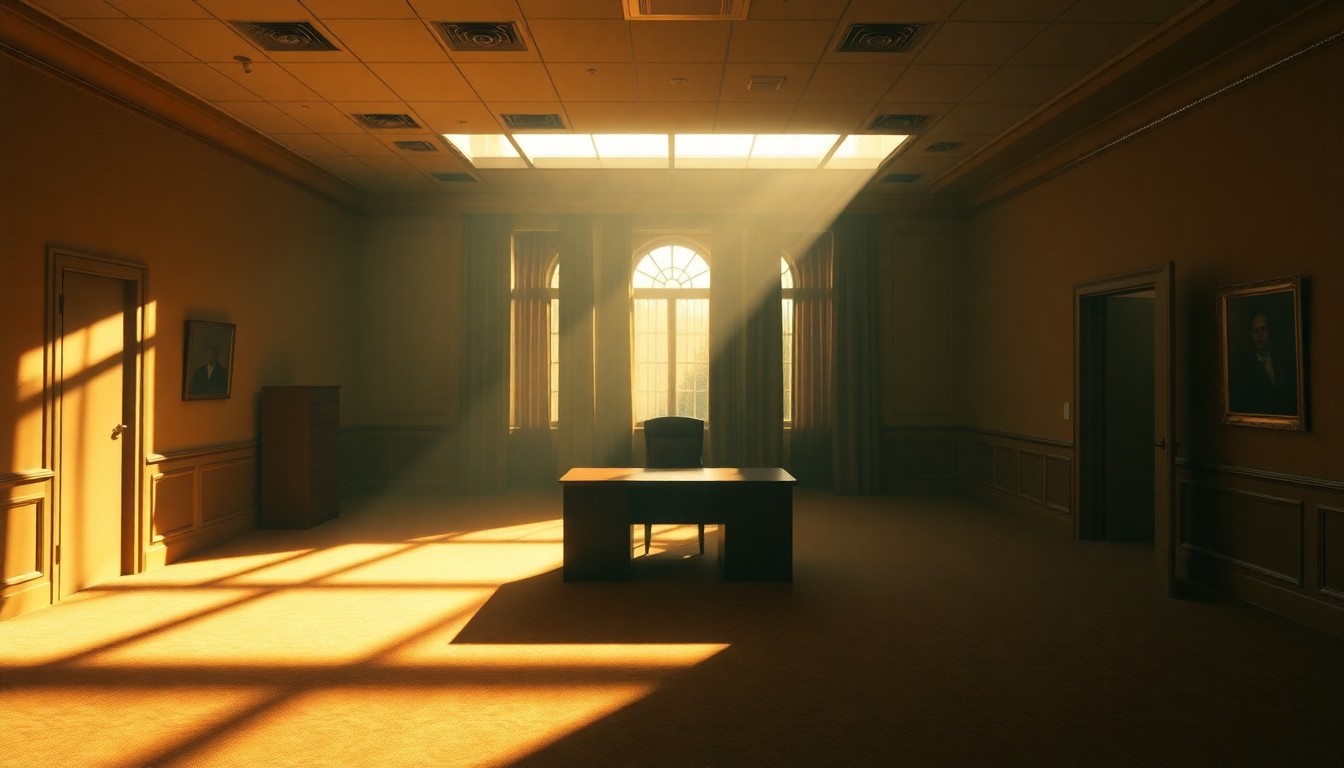 A dimly lit, cinematic government office space with warm sunlight streaming through the windows, creating deep shadows and a sense of melancholy and nostalgia.