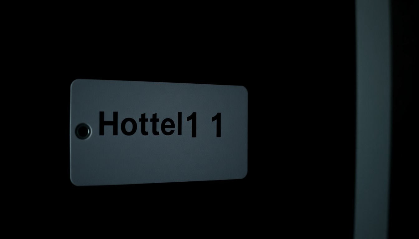 An extreme close-up photograph of a hotel room key card or number placard, dramatically lit by a harsh flash against a pitch-black background, conveying a sense of the gritty, investigative nature of this case involving sex trafficking in Atlanta-area hotels.