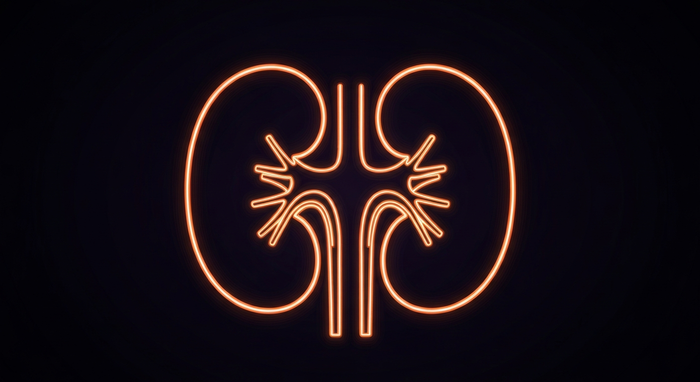 A glowing neon outline of a human kidney against a dark background, with the outline pulsing and flickering to suggest the vital functions of the organ.