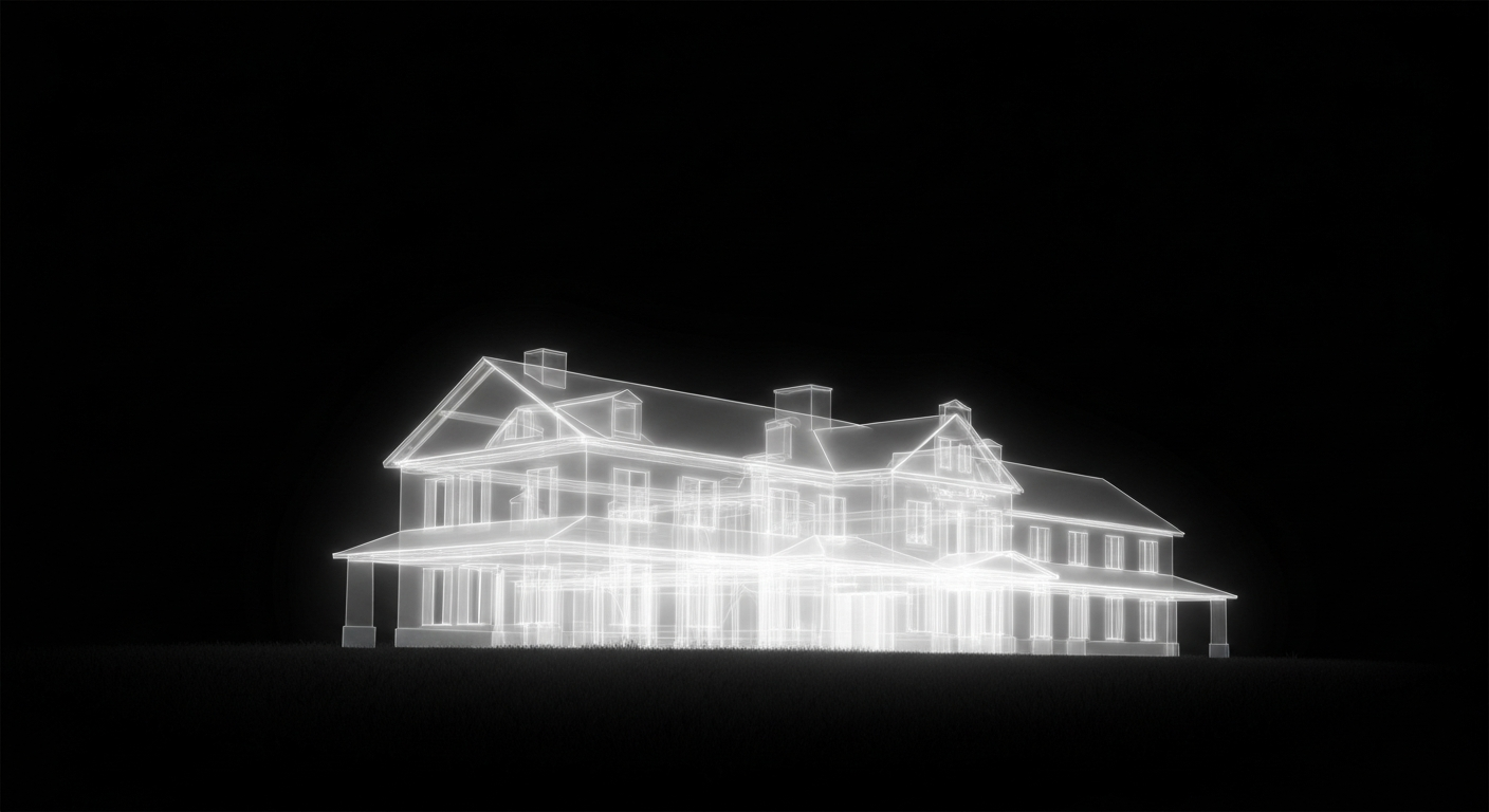 A translucent, ghostly X-ray photograph revealing the internal structure of a rural hospital building as a glowing, ethereal outline against a dark background, conceptually illustrating the fragile state of healthcare infrastructure in many small communities.