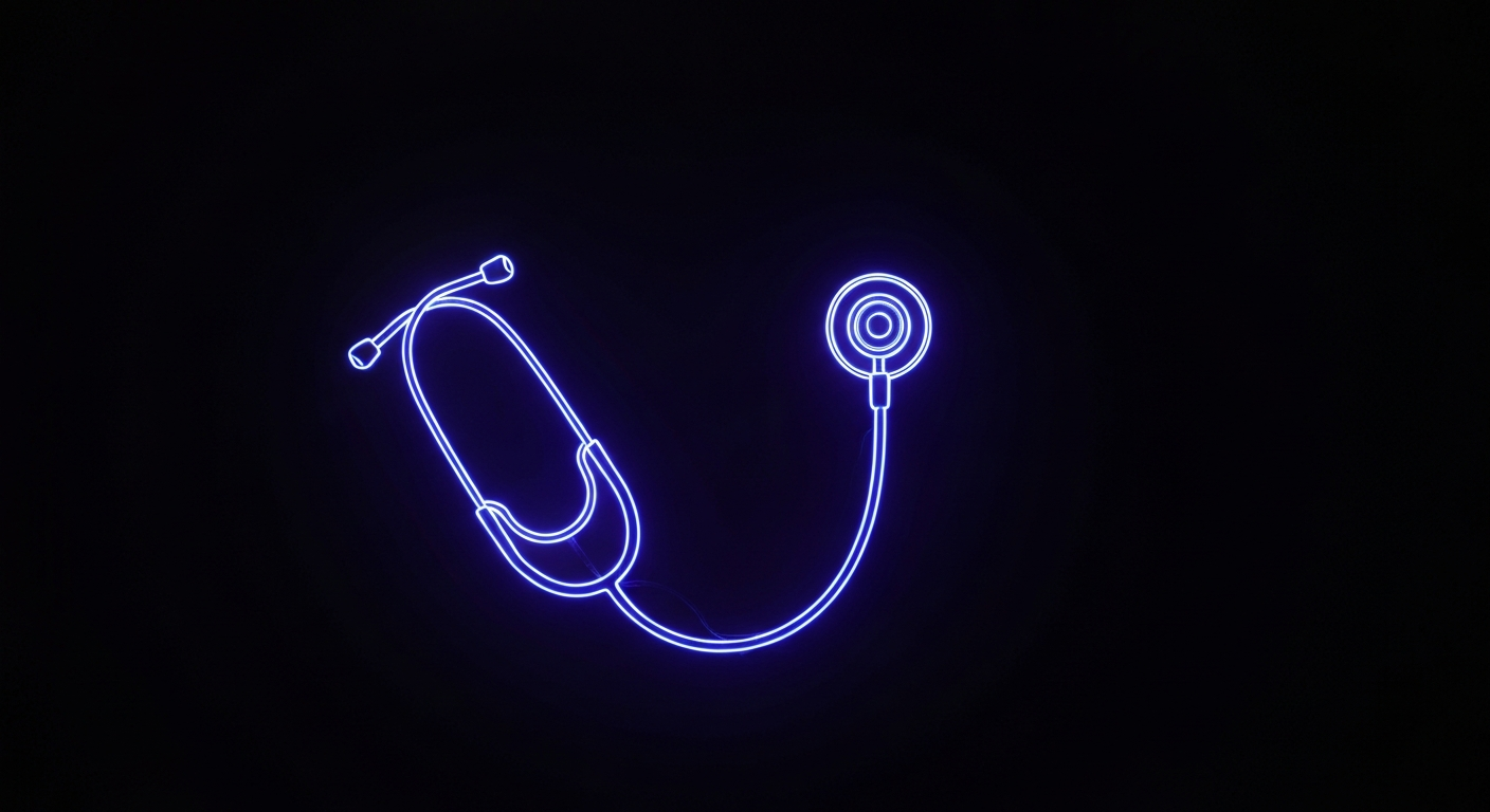 A minimalist design in the style of Keith Haring where the outline of a stethoscope is defined entirely by glowing, vibrant neon lines against a deep, dark background, emphasizing the shape and electricity of the medical profession.