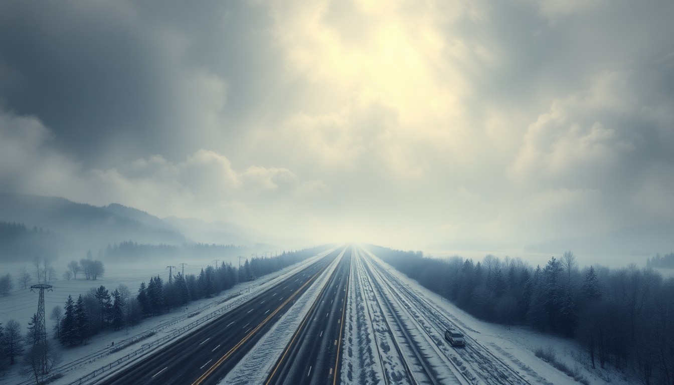 A vast, atmospheric landscape painting in muted tones of gray, white, and blue, depicting a blinding snowstorm sweeping across a remote highway, with the road and any vehicles barely visible through the whiteout conditions.
