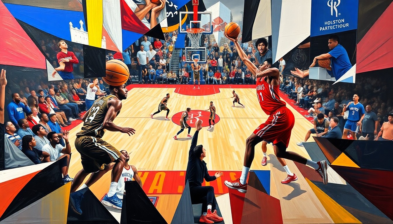 A cubist, geometric painting depicting the dynamic movement and energy of a basketball game, with the players' forms deconstructed into sharp, overlapping planes of color and shape.
