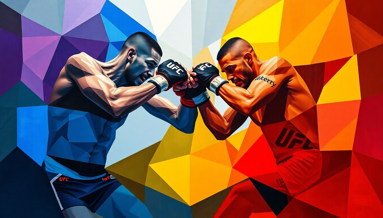 A fractured, cubist-style painting depicting the dynamic movements and angular forms of two UFC fighters engaged in a fierce match, their bodies and actions abstracted into a kinetic, geometric composition.