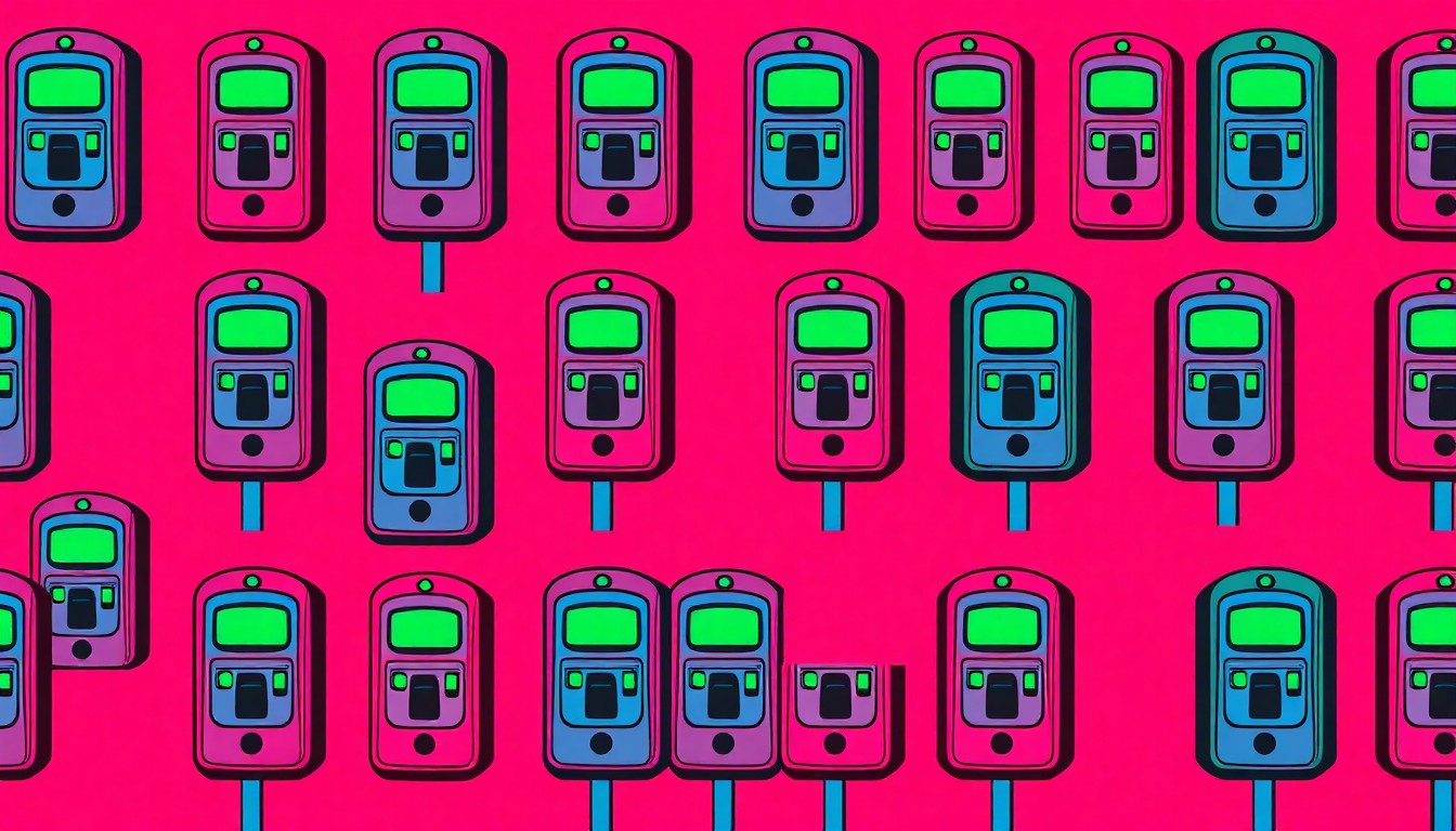 A brightly colored, high-contrast silkscreen print of a parking meter icon repeated in a tight grid pattern, capturing the modernization of parking technology in a vibrant, pop art style.