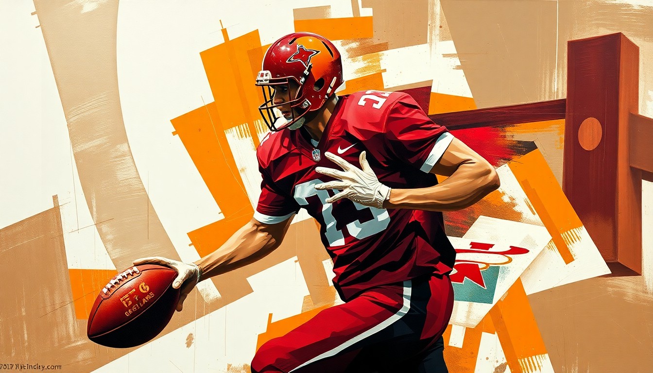 A fragmented, geometric painting depicting a football player in mid-motion, with sharp planes of color and overlapping perspectives conveying the raw power and energy of the sport.