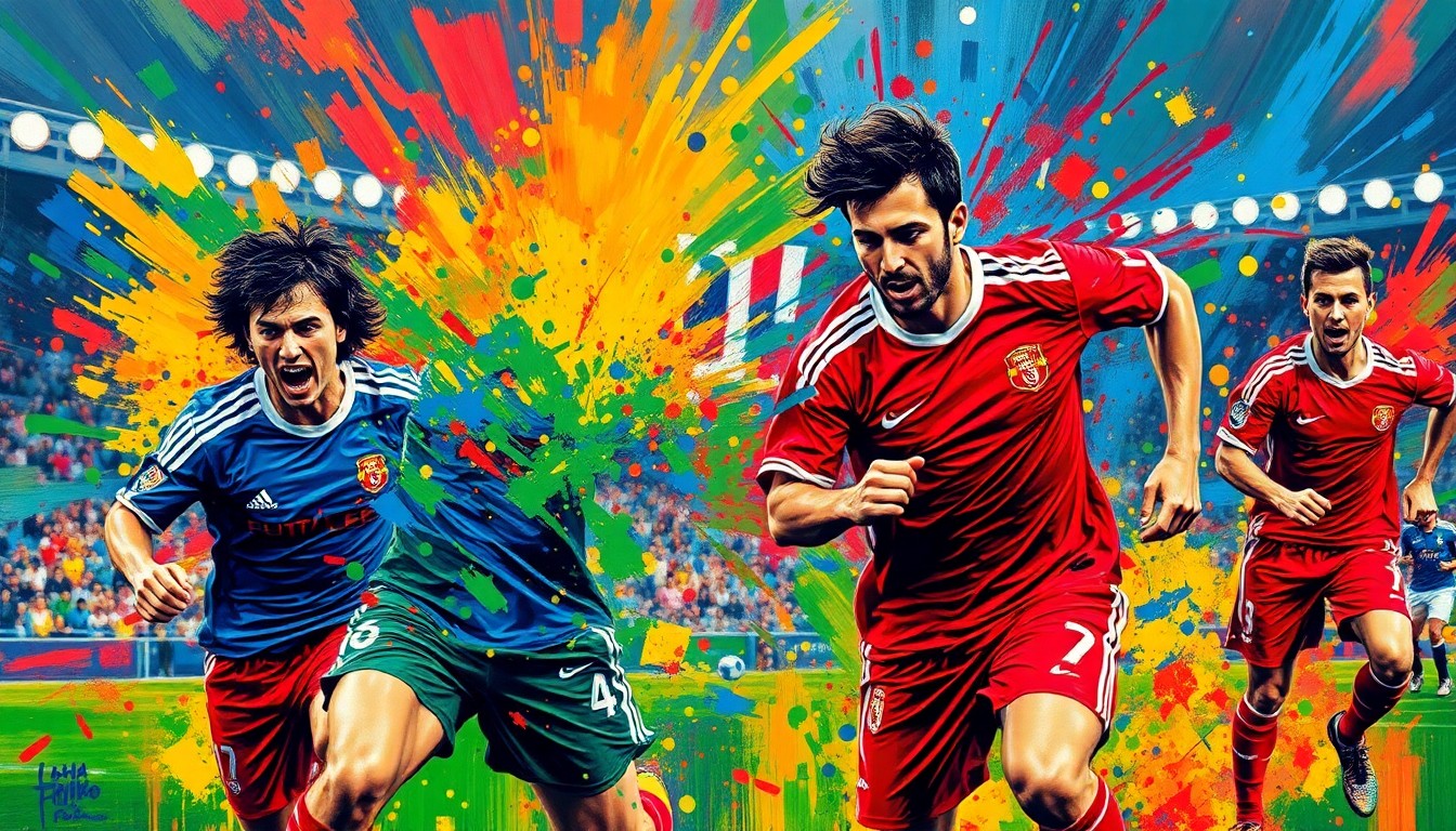 An abstract, energetic painting featuring vibrant brushstrokes of neon colors, capturing the raw movement and intensity of a professional soccer match.