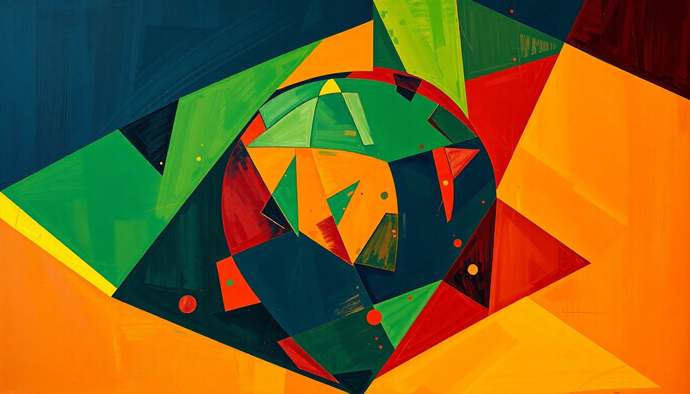 A cubist, geometric painting depicting a fragmented basketball game, with sharp planes of navy, green, and orange intersecting to capture the dynamic movement and energy of the sport.