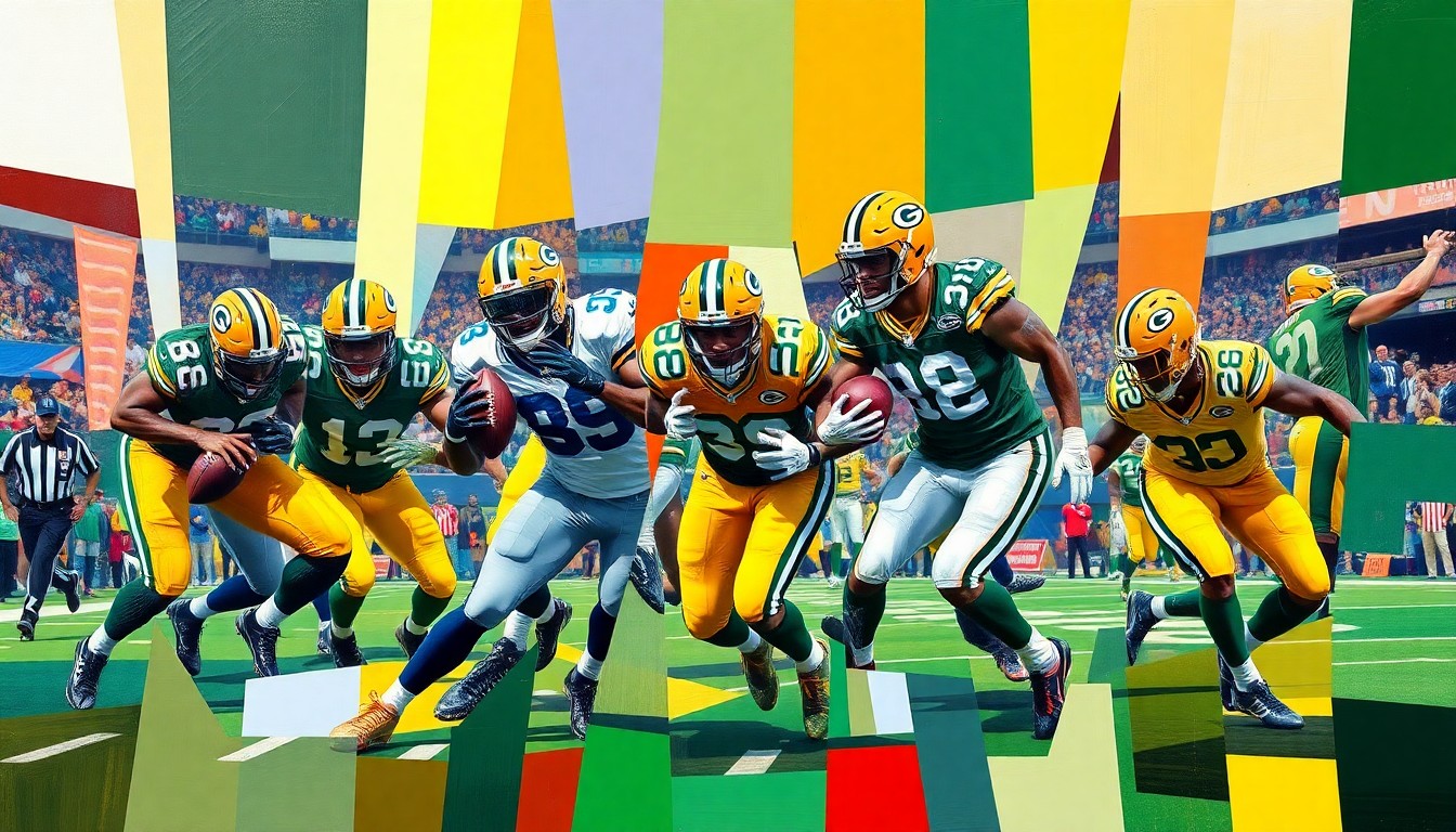 A fractured, geometric painting depicting football players in action, with sharp planes of green, gold, and other vibrant colors representing the Packers' new defensive additions.