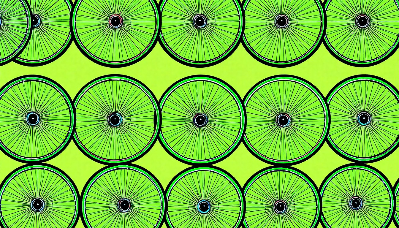 A bold, colorful silkscreen print featuring a repeated image of a bicycle wheel in vibrant neon shades, conceptually representing the community cycling event supporting local families.