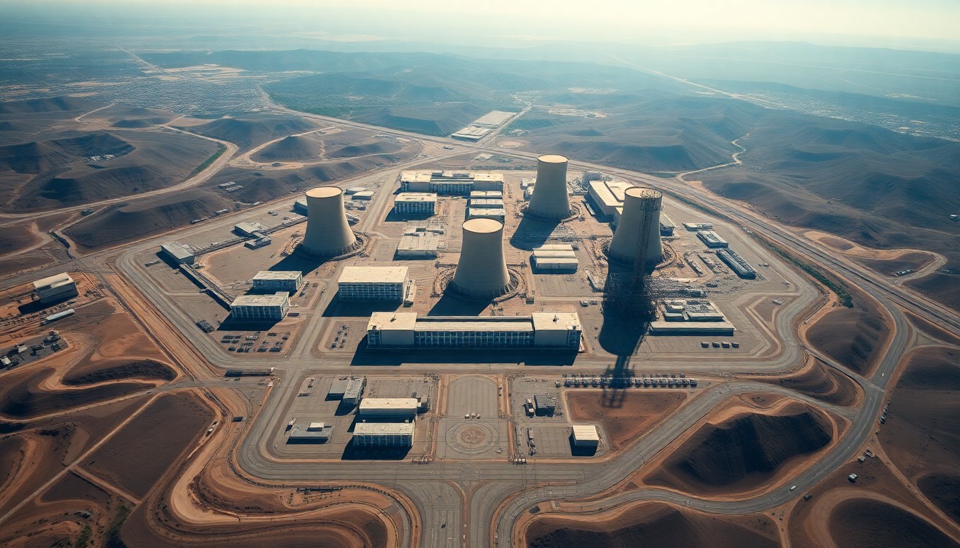 An extreme aerial photograph of the Diablo Canyon Power Plant, with its nuclear reactors and cooling towers arranged in a precise, repeating geometric pattern that conveys the immense scale and technical complexity of this critical energy infrastructure.