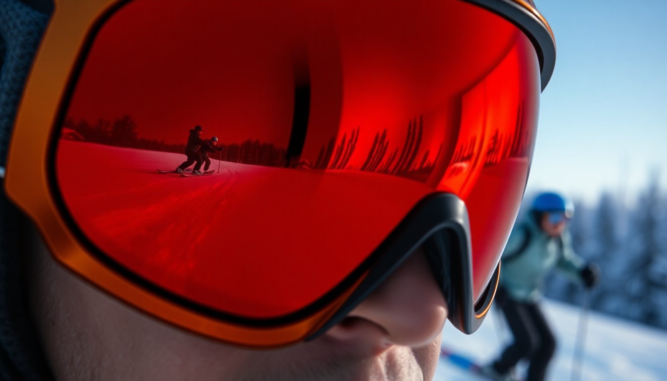 An abstract close-up of ski goggles, the lenses reflecting the snowy slopes and a father and son skiing in the distance, captured in dramatic, high-contrast lighting to create a glamorous, high-fashion aesthetic.