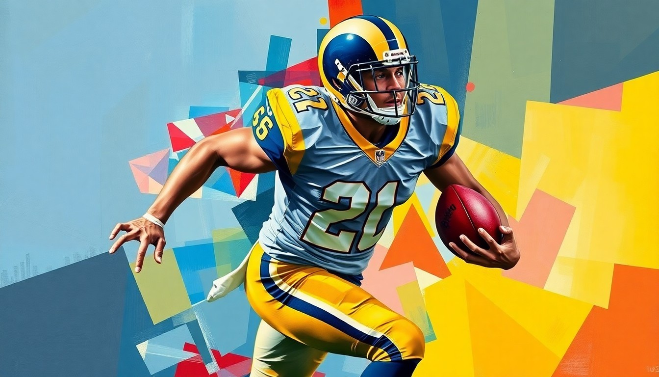 A cubist, geometric painting depicting a football player in motion, with sharp, overlapping planes of color representing the Los Angeles Rams' uniform colors, conveying the complexity and uncertainty surrounding the team's draft strategy.