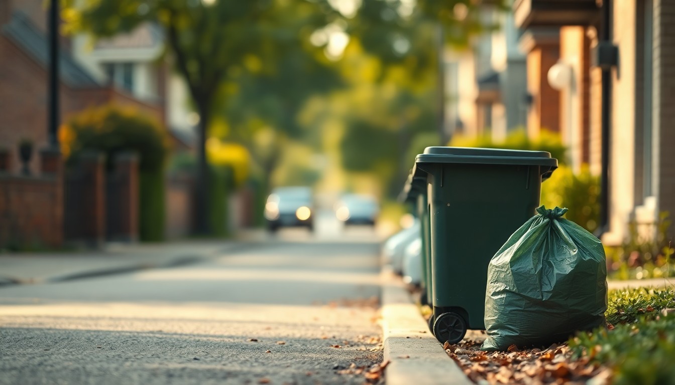 An extremely abstracted, out-of-focus photograph in warm, muted tones depicting a residential street with curbside organics bins and bags, conceptually illustrating the convenience and environmental benefits of the new organics collection program.