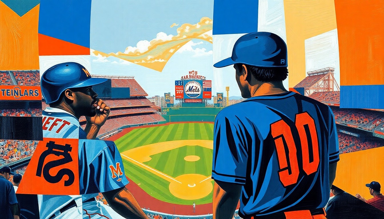 A fractured, multi-perspective painting depicting a baseball game between the New York Mets and San Francisco Giants, with the players and field broken down into sharp, overlapping geometric shapes and planes in vibrant colors.