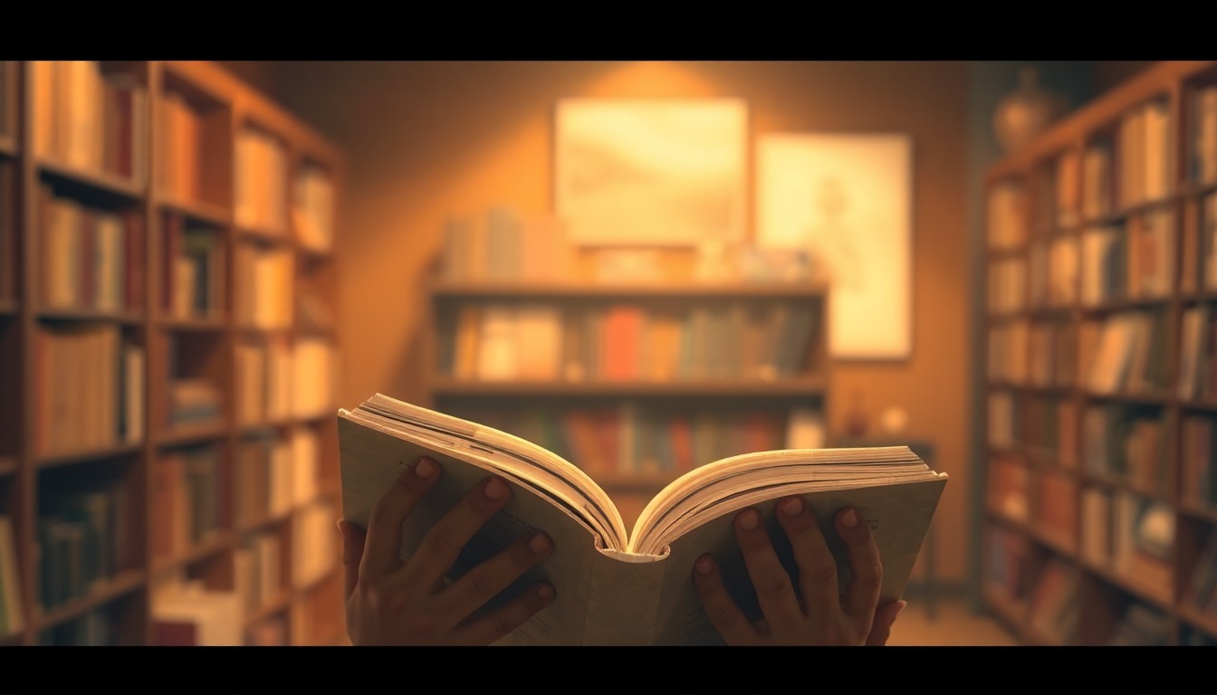 An abstract, impressionistic photograph showing a child's hands gently holding an open book, with a blurred background of bookshelves and cozy reading spaces, conveying a sense of wonder and the transformative power of literacy.