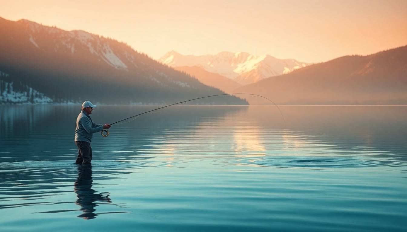 A softly focused, atmospheric photograph of a fly fisherman casting their line into the calm, reflective waters of Lake Tahoe, with the snow-capped Sierra Nevada mountains visible in the background. The image is bathed in warm, hazy pools of light and color, creating a dreamlike, nostalgic mood.
