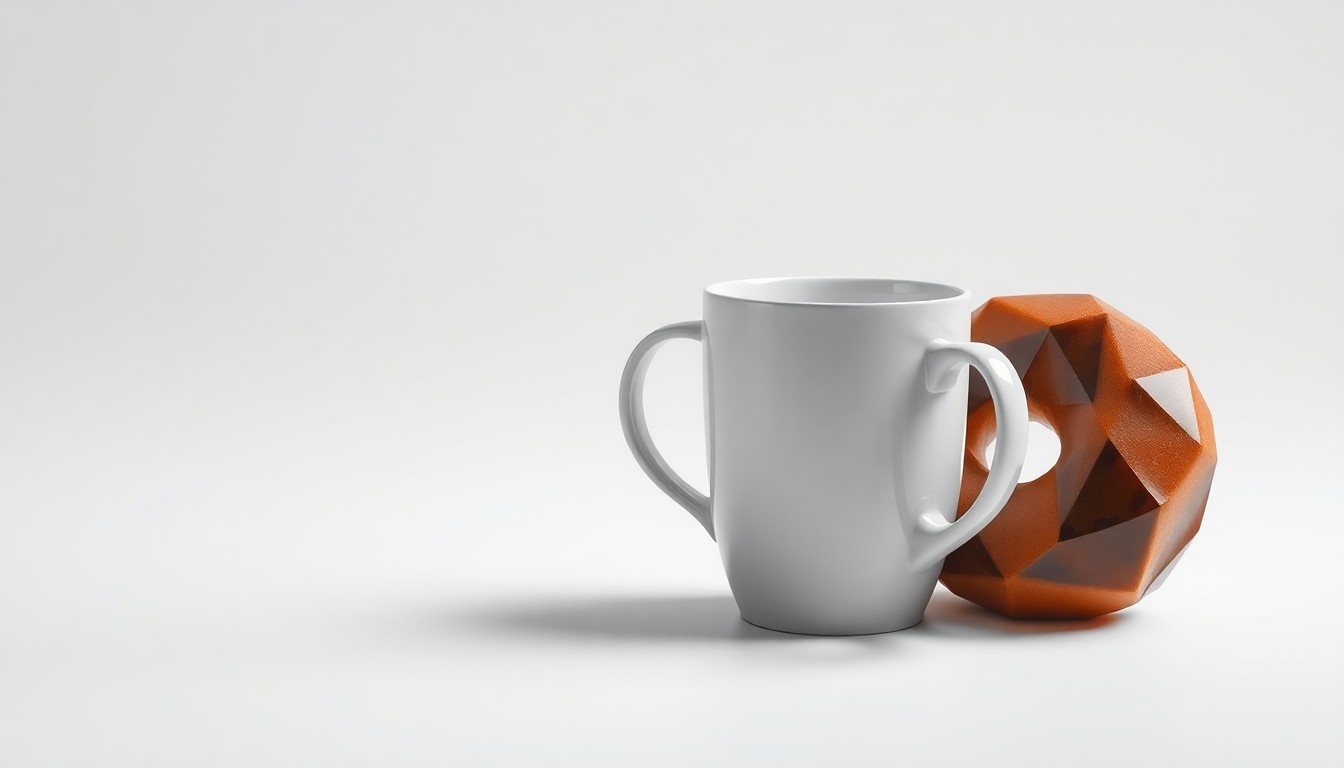 A highly stylized, photorealistic studio still life photograph featuring a polished, geometric coffee mug and donut on a clean, monochromatic background, conceptually representing the premium cafe concept of the new Cafe Racer development in Greenville.