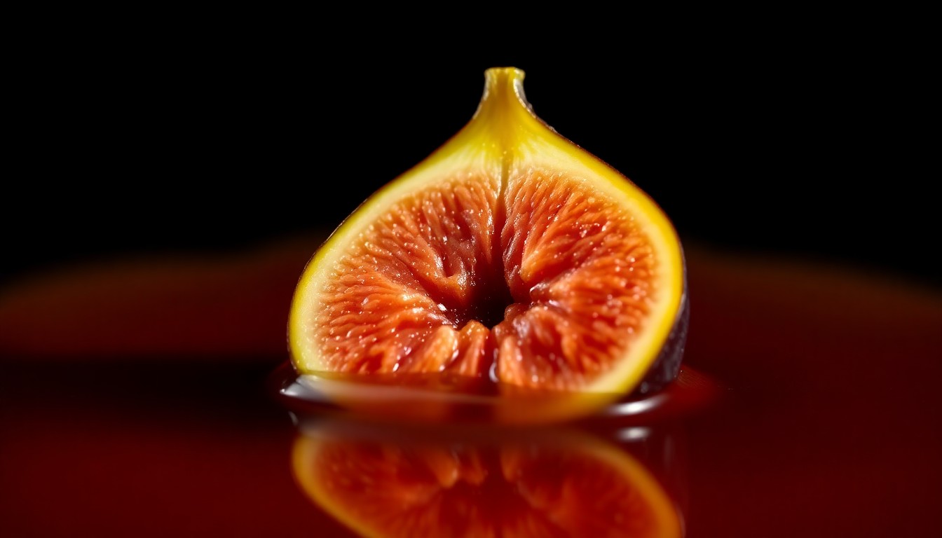 An extreme close-up photograph of a sliced fig half submerged in a pool of amber-colored liqueur, capturing the luxurious, velvety texture and rich, jammy essence of Indaco Charleston's housemade fruit cello infusions.
