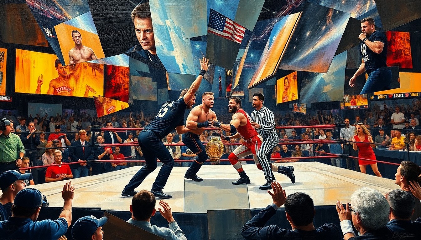 A cubist, geometric painting depicting a WWE wrestling match or celebration, with the figures and elements broken down into sharp, overlapping planes of color and shape, conveying the raw energy and drama of the sport.