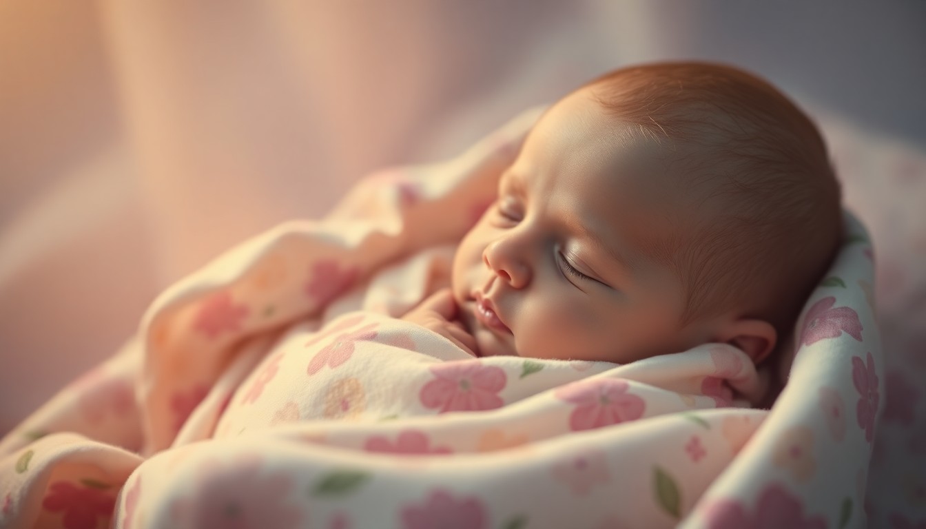 An extremely blurred and abstracted photograph of a newborn baby wrapped in a soft, floral-patterned blanket, with the image composed entirely of warm, glowing pools of light and color.