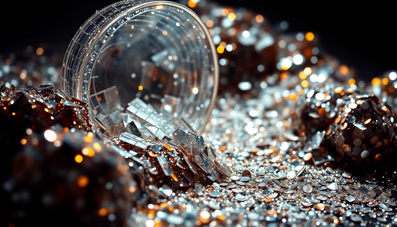 An abstract close-up photograph of shimmering sequins and shattered glass, captured in dramatic high-contrast studio lighting to evoke the glitz and glamour of the adult entertainment industry.