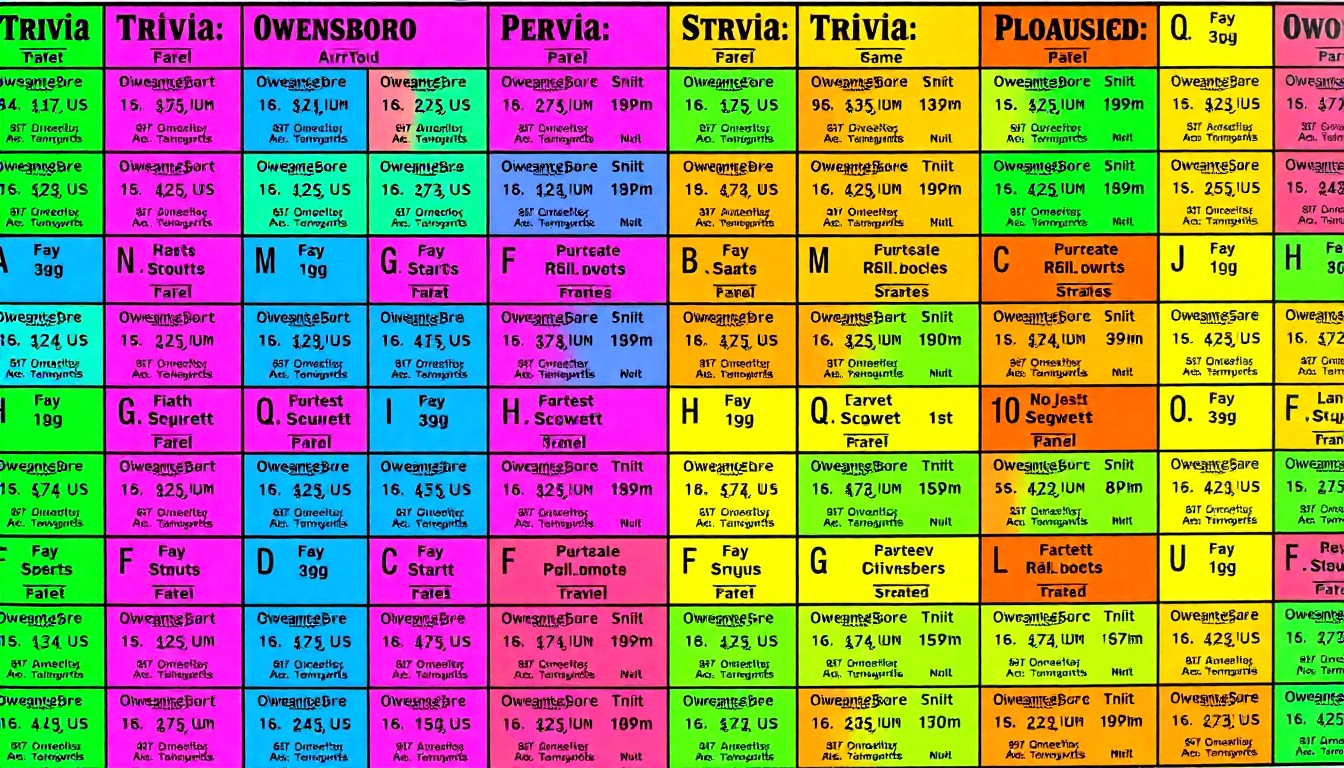 A brightly colored, abstract silkscreen print featuring a repeated pattern of a vintage trivia game board, rendered in a bold, pop art style with vibrant neon hues and heavy black outlines, capturing the spirit of community engagement and historical appreciation.