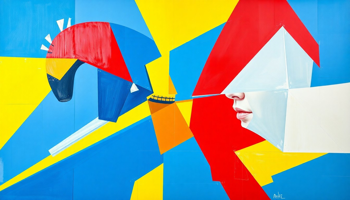 A vibrant, cubist-style painting depicting a fragmented, geometric view of a college tennis match, with sharp planes of color representing the dynamic movements and energy of the sport.