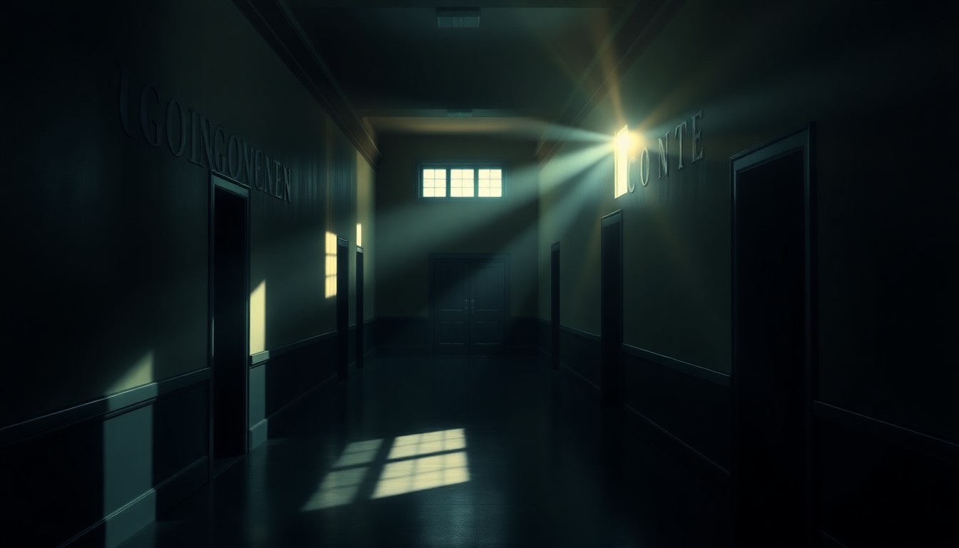 A dimly lit, cinematic painting of an empty government building hallway, with long shadows cast by a single beam of sunlight through a window, creating a sense of unease and isolation.
