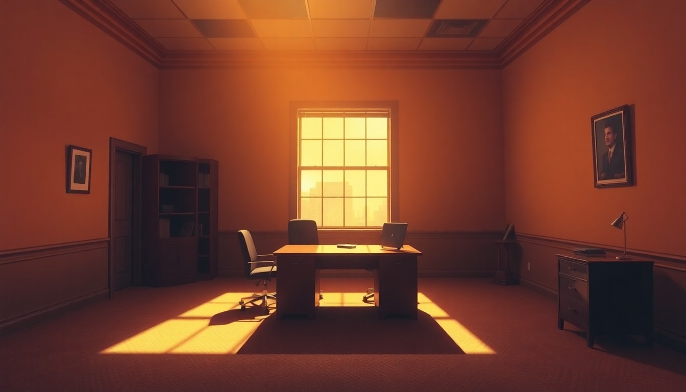 A dimly lit, cinematic painting of an empty political office space, with warm sunlight streaming in through the windows and deep shadows casting a melancholy mood, conceptually representing the disillusionment of former MAGA supporters.