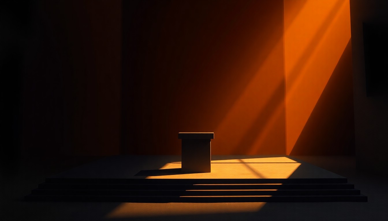 A dimly lit, cinematic painting of an empty debate stage with a solitary podium, bathed in warm, golden light and deep shadows, conveying a sense of melancholy and the lack of community participation in the political process.