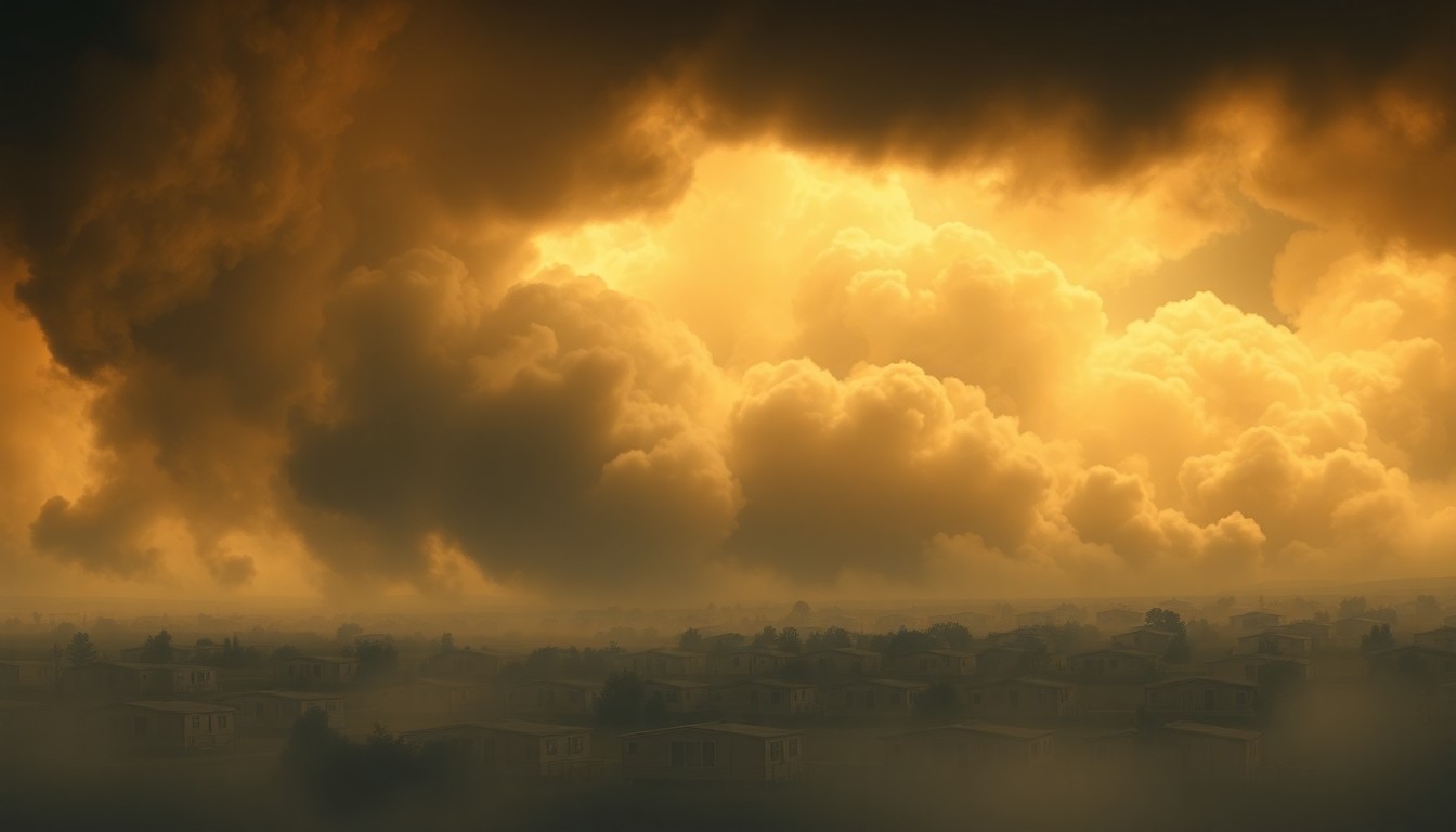 A vast, atmospheric landscape painting in muted tones of grey and blue, depicting a mobile home community partially obscured by thick, swirling smoke, with the faint outlines of firefighters' silhouettes visible in the distance, conveying the scale and intensity of the natural disaster.