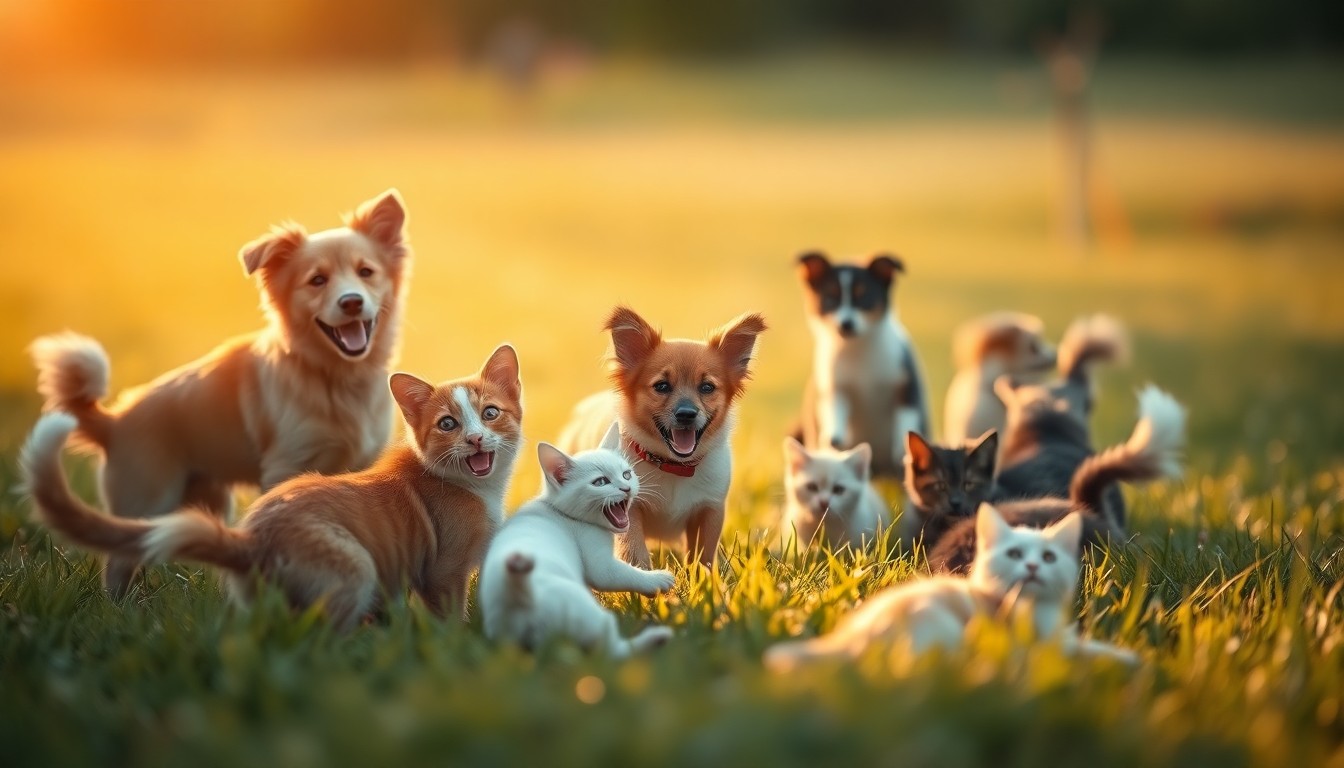 An abstract, out-of-focus photograph depicting a group of playful dogs and cats in a grassy field, with soft, warm pools of light and color creating a dreamlike, atmospheric scene that captures the spirit of the Elizabethton Animal Shelter's community-focused initiatives.