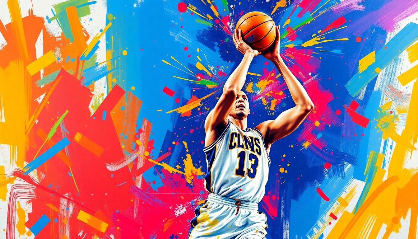 An abstract, energetic painting featuring bold brushstrokes of neon colors capturing the dynamic motion of a basketball player shooting a jump shot, with the player's face and jersey obscured into unrecognizable shapes.