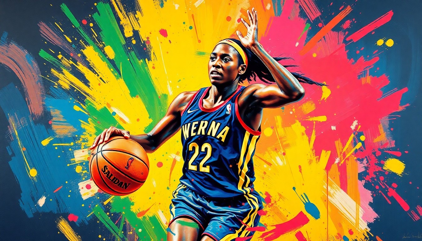 An abstract, energetic painting in bright neon colors, capturing the raw athletic power and competitive spirit of a WNBA basketball player through rapid, expressive brushstrokes.