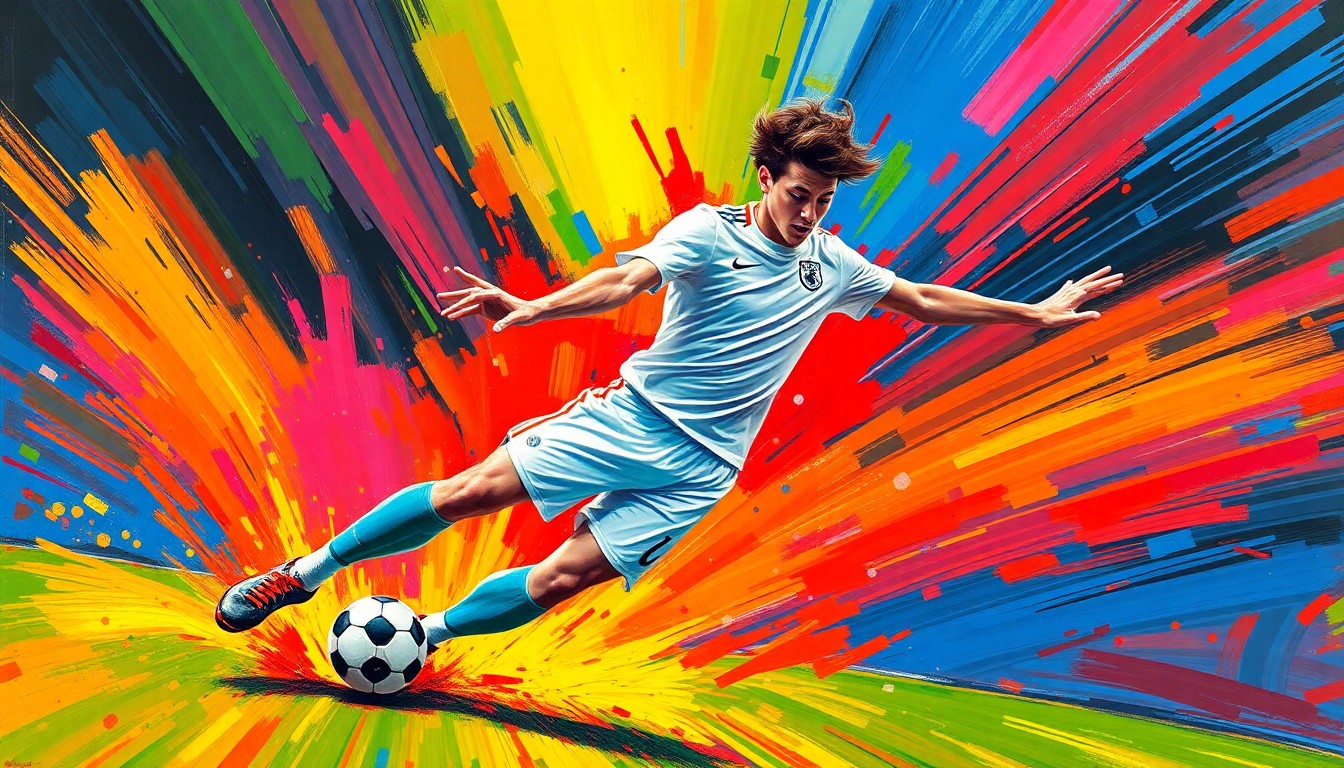 An abstract, energetic painting featuring a soccer player in mid-motion, with vibrant brushstrokes and neon colors capturing the raw athleticism and dynamism of the sport.