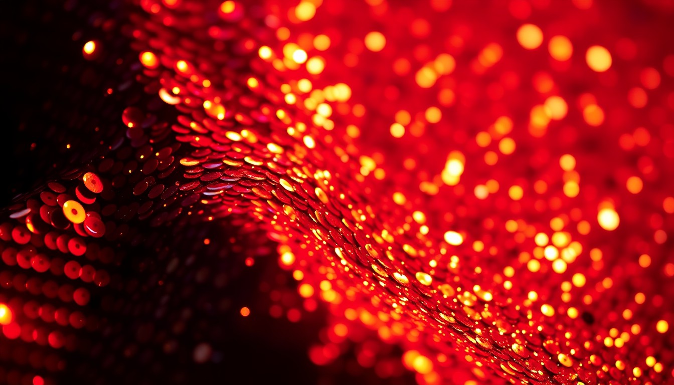 An extreme close-up photograph of glittering red and gold sequins, capturing the luxurious and glamorous texture of a Florence + The Machine concert.