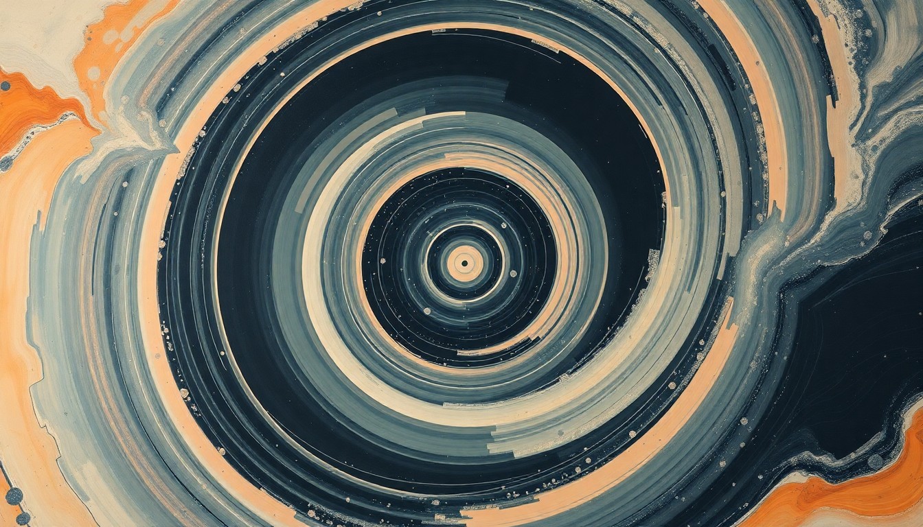 A highly structured abstract painting in soft blues, greens, and grays, featuring sweeping geometric arcs, concentric circles, and precise spirals, conceptually representing the complex systems and forces involved in a successful space launch.