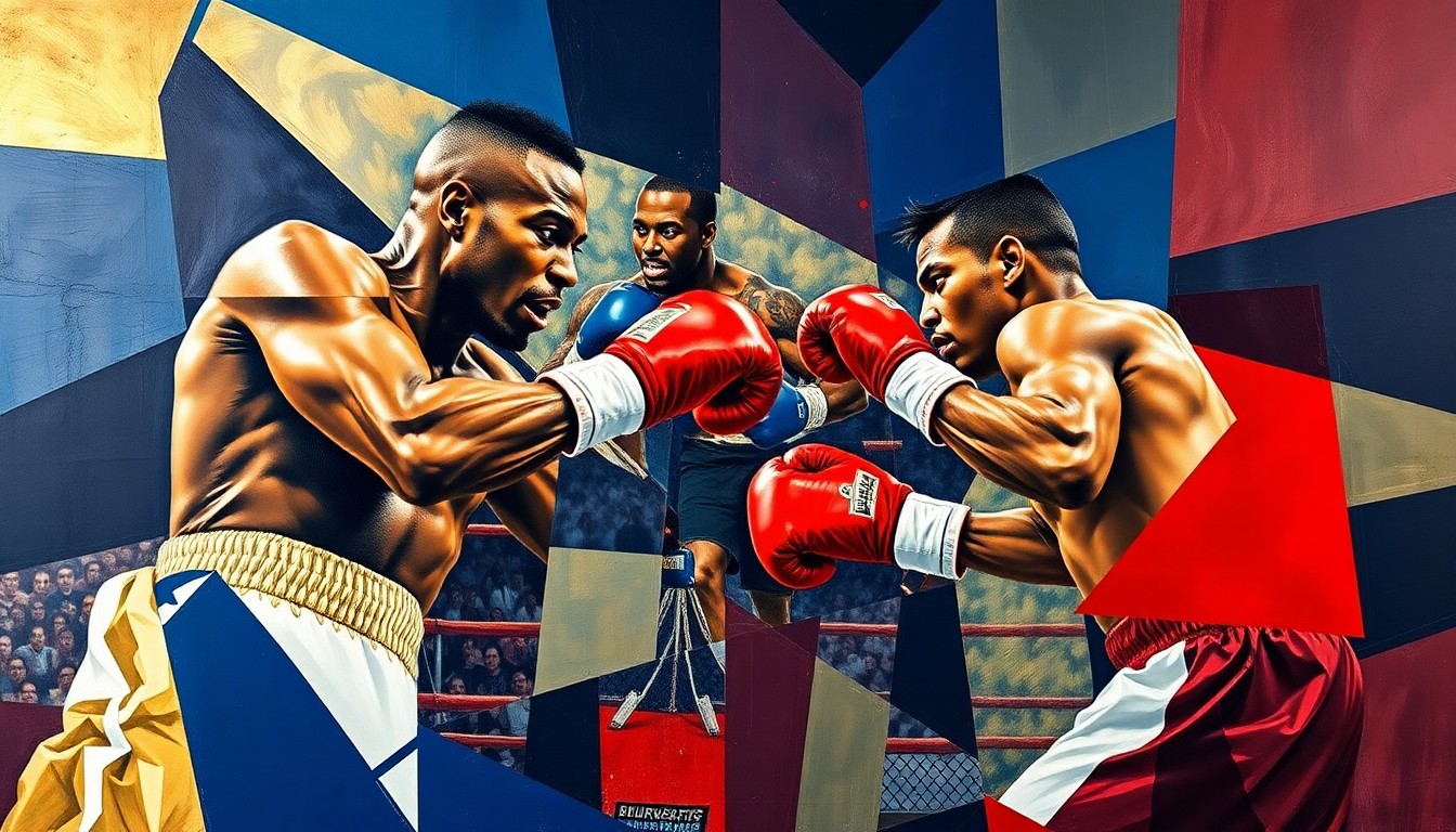 A fragmented, geometric painting depicting the intense physicality of a boxing match, with sharp planes of navy, crimson, and gold colors representing the two fighters.