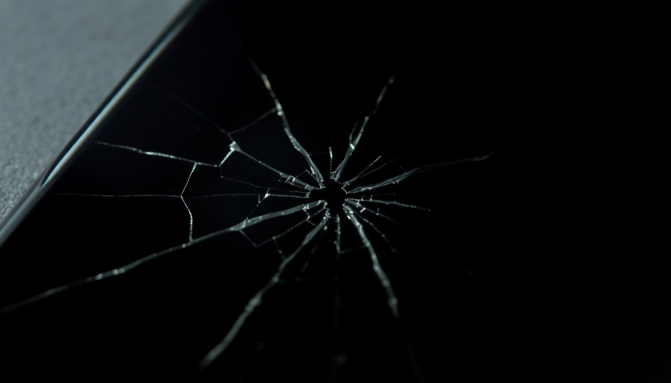 An extreme close-up photograph of a cracked smartphone screen, reflecting a distorted, pixelated image. The lighting is harsh and direct, creating a stark, gritty aesthetic that conceptually represents the violation of student privacy.