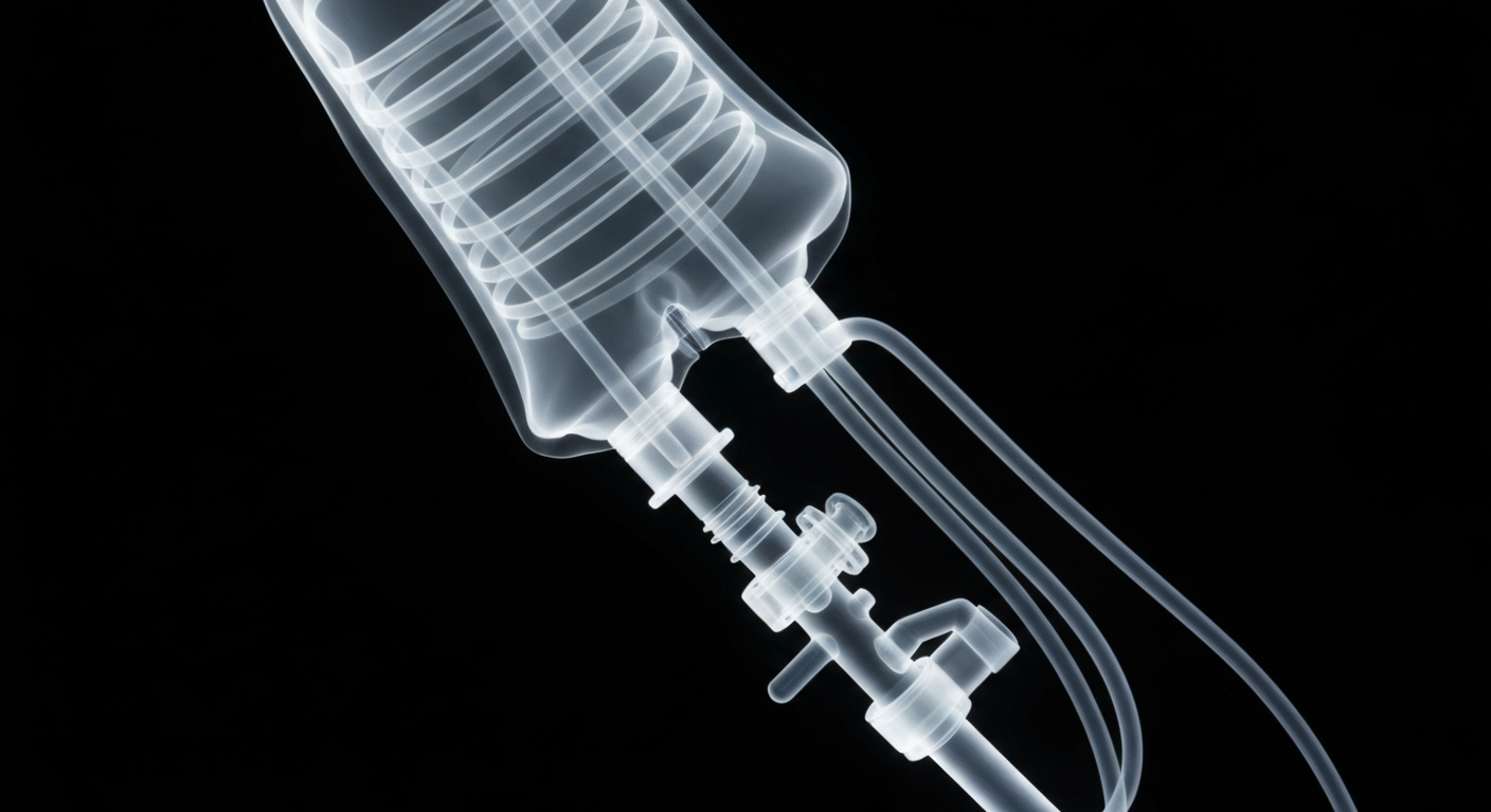 An extreme close-up X-ray photograph revealing the intricate internal structure of a chemotherapy infusion bag, conceptually illustrating the challenges of achieving cost savings and quality improvements in cancer care.