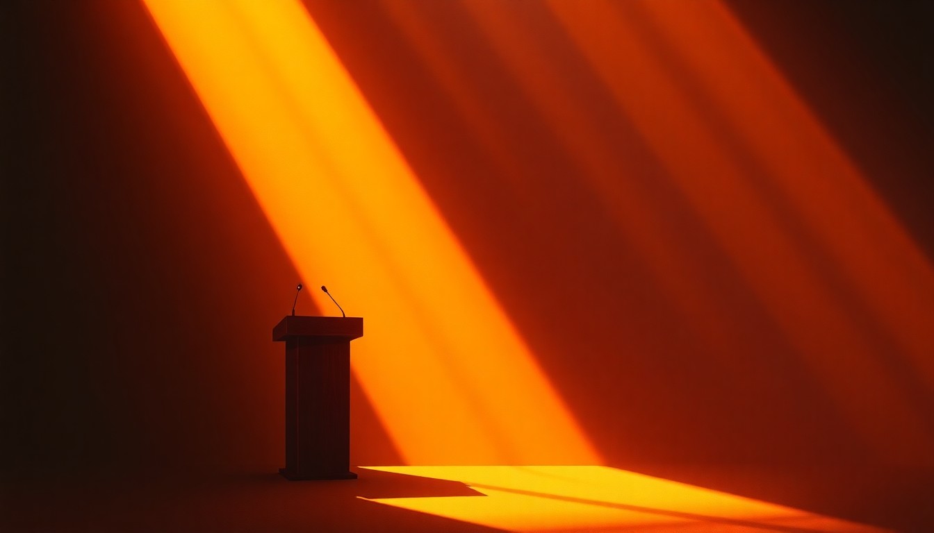 A solitary political podium or lectern stands in a dimly lit room, with warm sunlight streaming in through a window and casting deep shadows across the scene, creating a contemplative, cinematic mood.