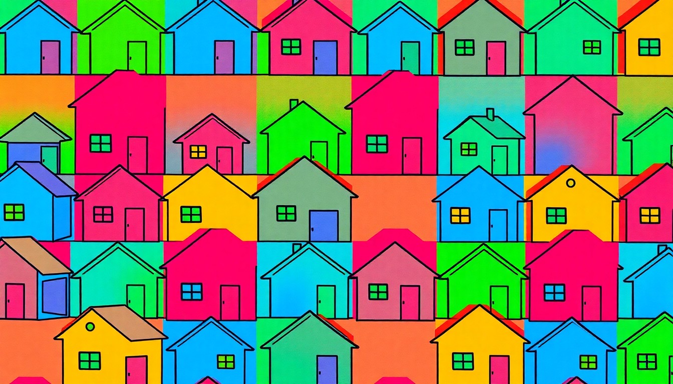A brightly colored, high-contrast silkscreen print of a small house icon repeated in a tight grid pattern, representing the concept of accessory dwelling units in San Juan County.
