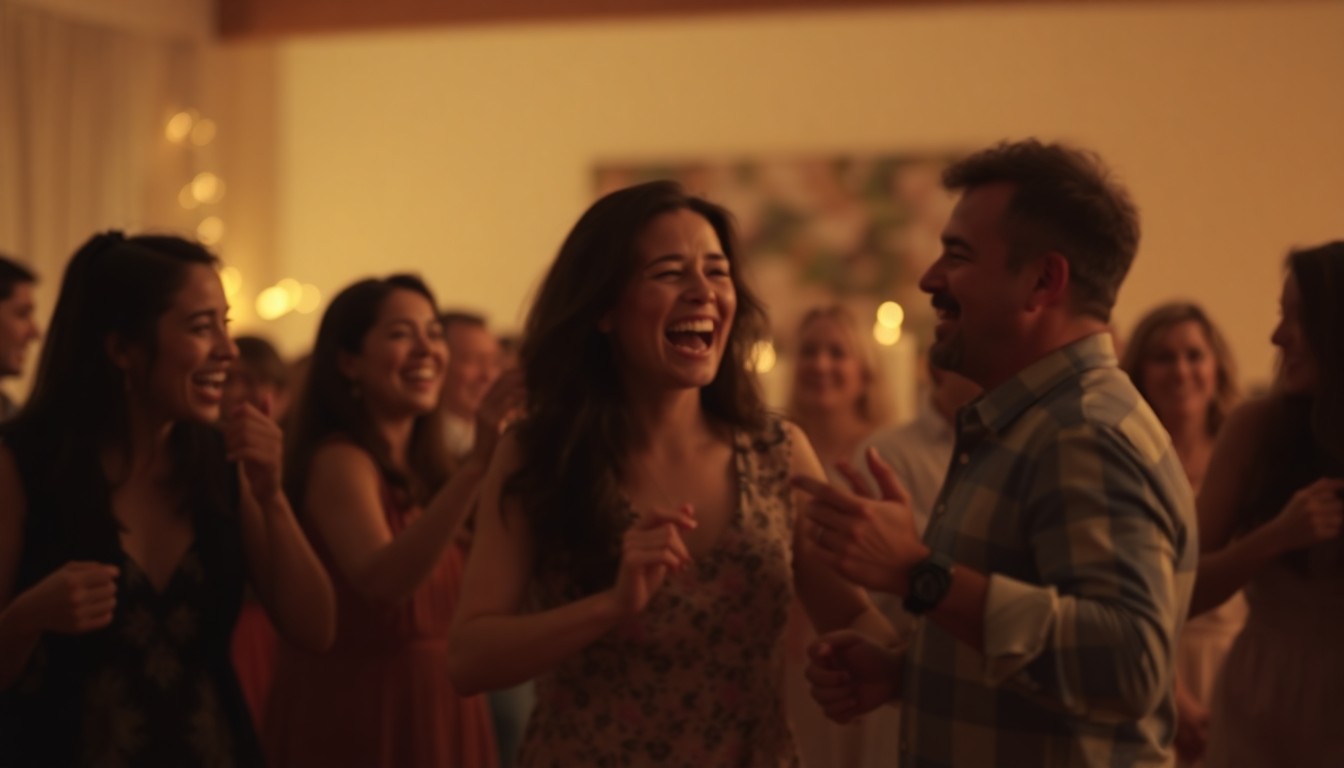 An abstract, out-of-focus photograph in soft, warm tones depicting a group of people laughing and dancing together, conveying a sense of community, connection, and celebration.