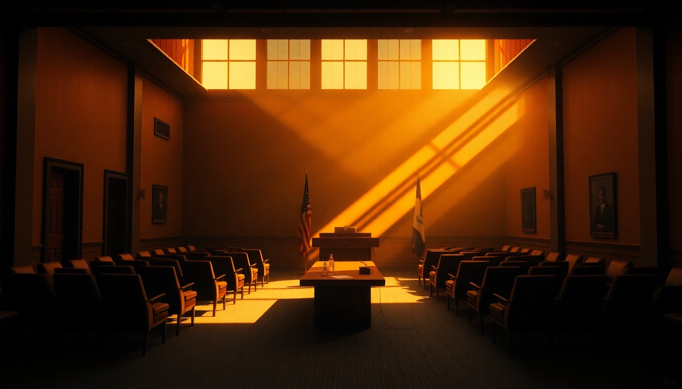 A dimly lit, cinematic painting of a table with two people sitting across from each other, their faces obscured by shadows, conveying a sense of intimacy and intrigue in a political setting.