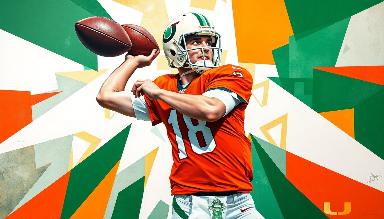 A cubist-style painting depicting a quarterback in motion, with his throwing motion broken down into overlapping geometric shapes and planes in shades of orange, green, and white, representing the energy and potential of Miami's new recruit.