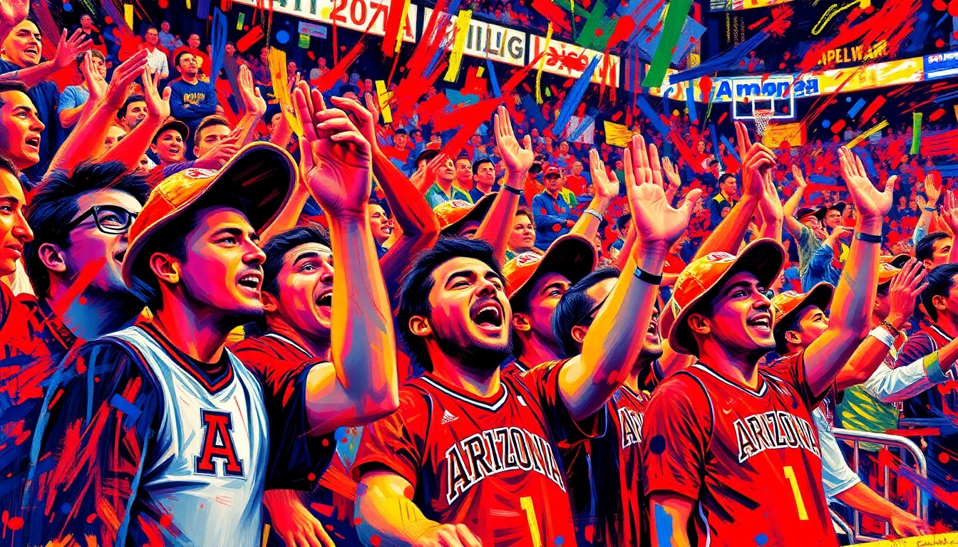 An expressionist painting in neon colors depicting the dynamic movement and passion of a crowd of Arizona Wildcats fans cheering at the Final Four, with faces and logos dissolved into abstract brushstrokes.