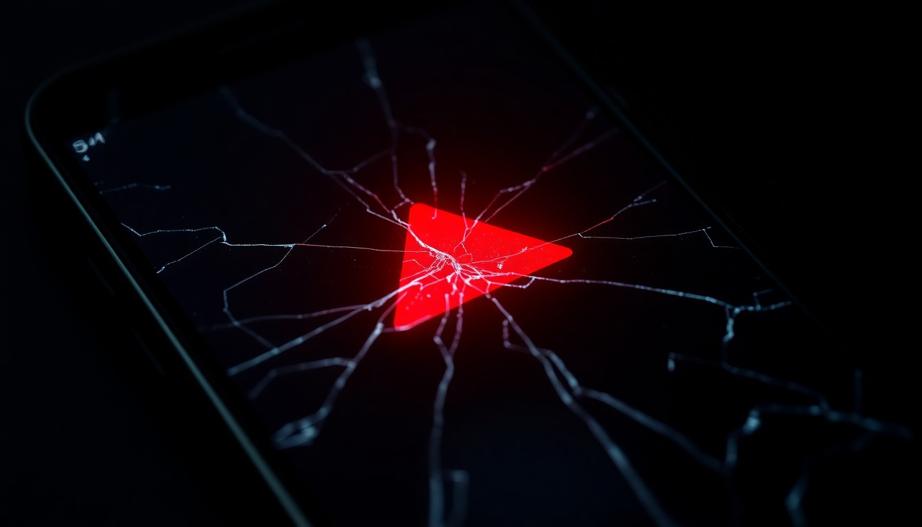 An extreme close-up photograph of a cracked smartphone screen reflecting a red warning light, conveying the stark, investigative mood of a phone scam targeting vulnerable residents.