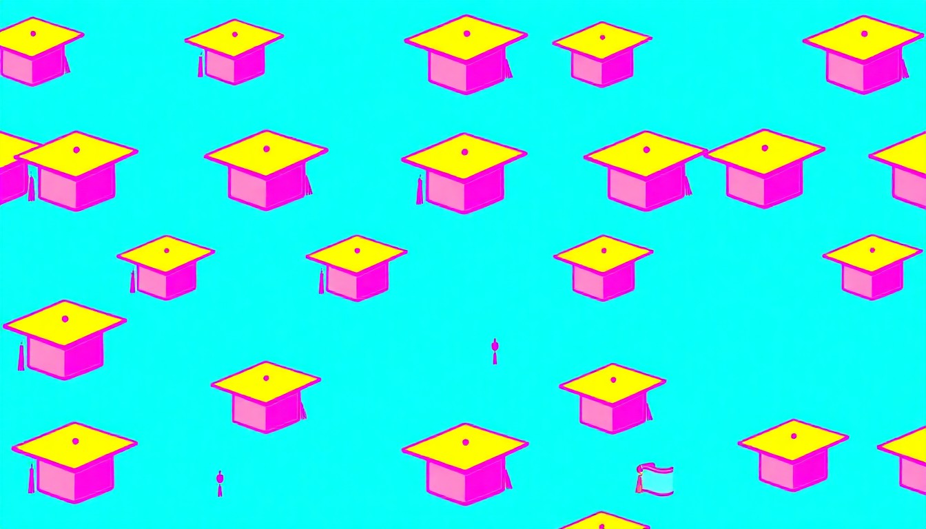 A bold, abstract pop art grid of brightly colored graduation cap icons in neon blue, pink, and yellow, conceptually representing the university's celebration of student leadership and service.